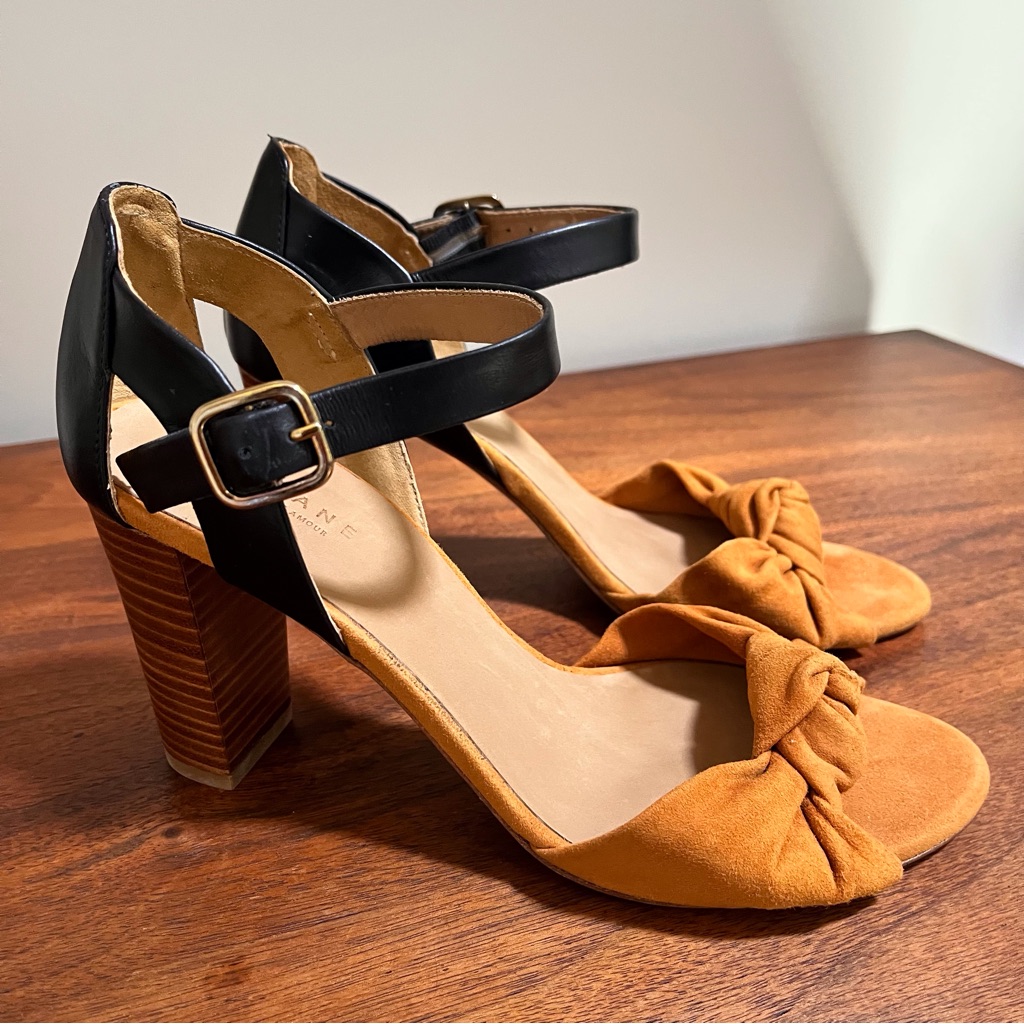 Sezane Romeo, Ochre And Black, Ankle Strap Heeled Sandals, Size 38